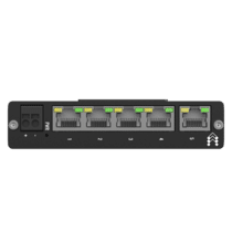 Detailaufnahme der Ports Ethernet switch 5 port 10/100 mbps mit fokus auf die rj45 anschlüsse und led statusanzeigen