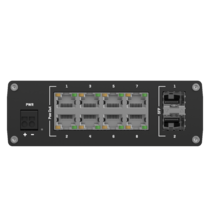 Frontpanel des TSW200 mit 8 PoE+ RJ45 Ports und SFP Anschlüssen