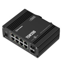 Aluminiumgehäuse des TSW200 PoE+ Switches mit DIN-Rail Adapter Ansicht links