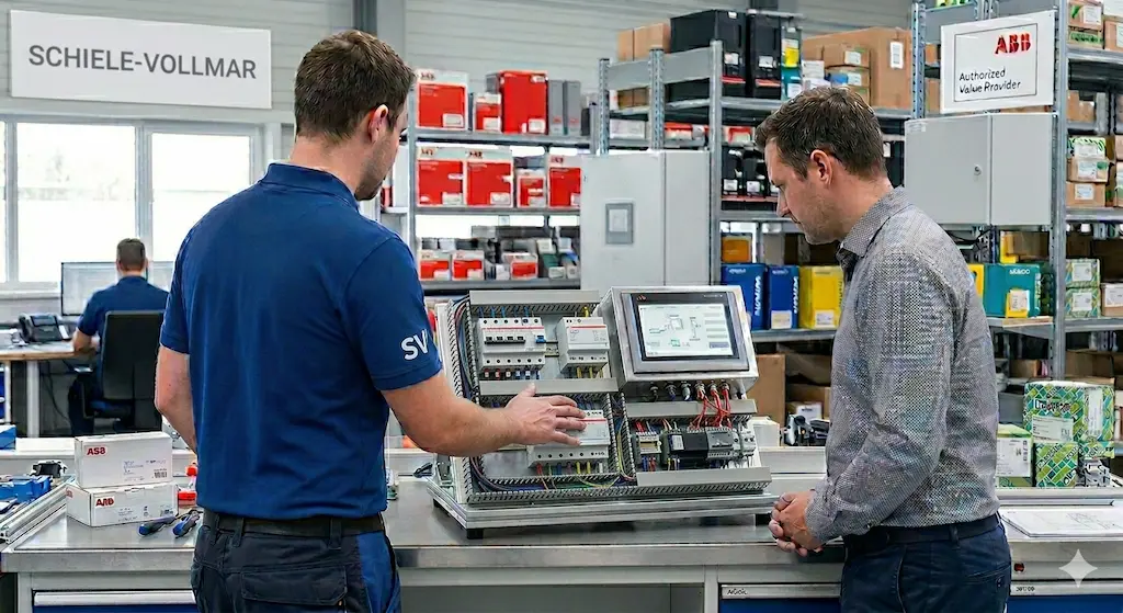 Zwei Techniker von Schiele-Vollmar bei einer Fachberatung an einem modernen ABB-Hutschienen-Demokoffer in einer Werkstattumgebung. Der Techniker links im blauen Polo-Shirt mit SV-Logo erklärt Komponenten auf der DIN-Schiene, während der Kunde rechts aufmerksam zuhört. Im Hintergrund sind Lagerregale mit ABB- und weiteren Produkten sowie das Firmenlogo „SCHIELE-VOLLMAR“ und ein „ABB Authorized Value Provider“-Schild zu sehen. Das Demogerät verfügt über integrierte Schaltgeräte und einen Touchscreen zur Steuerung.