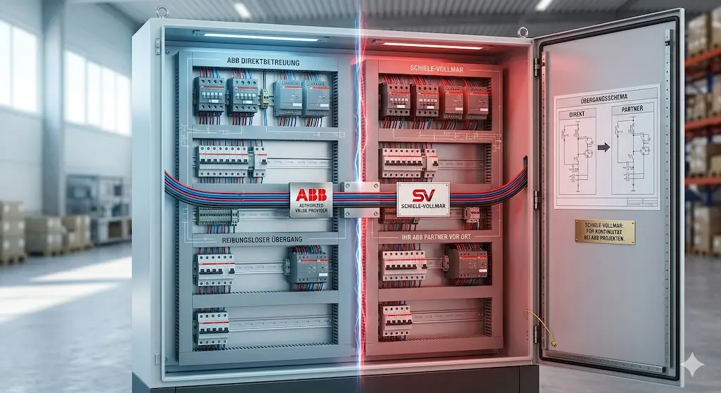 Symbolischer, fotorealistischer Industrieschaltschrank, der den nahtlosen Übergang von der ABB Direktbetreuung zu Schiele-Vollmar als regionalem ABB Partner darstellt. Die linke Seite (blau beleuchtet) zeigt ABB-Komponenten, Schaltpläne und den Text "ABB DIREKTBETREUUNG" sowie "REIBUNGSLOSER ÜBERGANG". Die rechte Seite (rot beleuchtet) zeigt identische ABB-Schaltgeräte, das Schiele-Vollmar SV-Logo und den Text "SCHIELE-VOLLMAR" sowie "IHR ABB PARTNER VOR ORT". Ein durchgehender Kabelstrang verbindet beide Hälften und läuft über eine zentrale Plakette mit "ABB AUTHORIZED VALUE PROVIDER". An der geöffneten Tür rechts befindet sich ein "ÜBERGANGSSCHEMA" von "DIREKT" zu "PARTNER" und eine Messingtafel mit dem Text: "SCHIELE-VOLLMAR: FÜR KONTINUITÄT BEI ABB PROJEKTEN.
