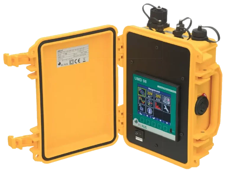 Mobiler PQ Messkoffer MMD 98RCM für mobile Netzqualitätsmessung und Differenzstromüberwachung in der Industrie.