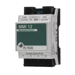 Frontansicht des Messmoduls MMI 12 zur Überwachung von bis zu 12 Stromkanälen auf der Hutschiene für effizientes Energiemanagement und Power Quality Monitoring.
