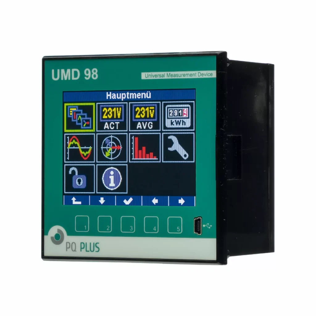 Frontansicht des Universal Messgeräts UMD 98 zur Power Quality Netzanalyse und Energiemanagement für den Schalttafeleinbau mit beleuchtetem LCD-Display und Bedientasten.