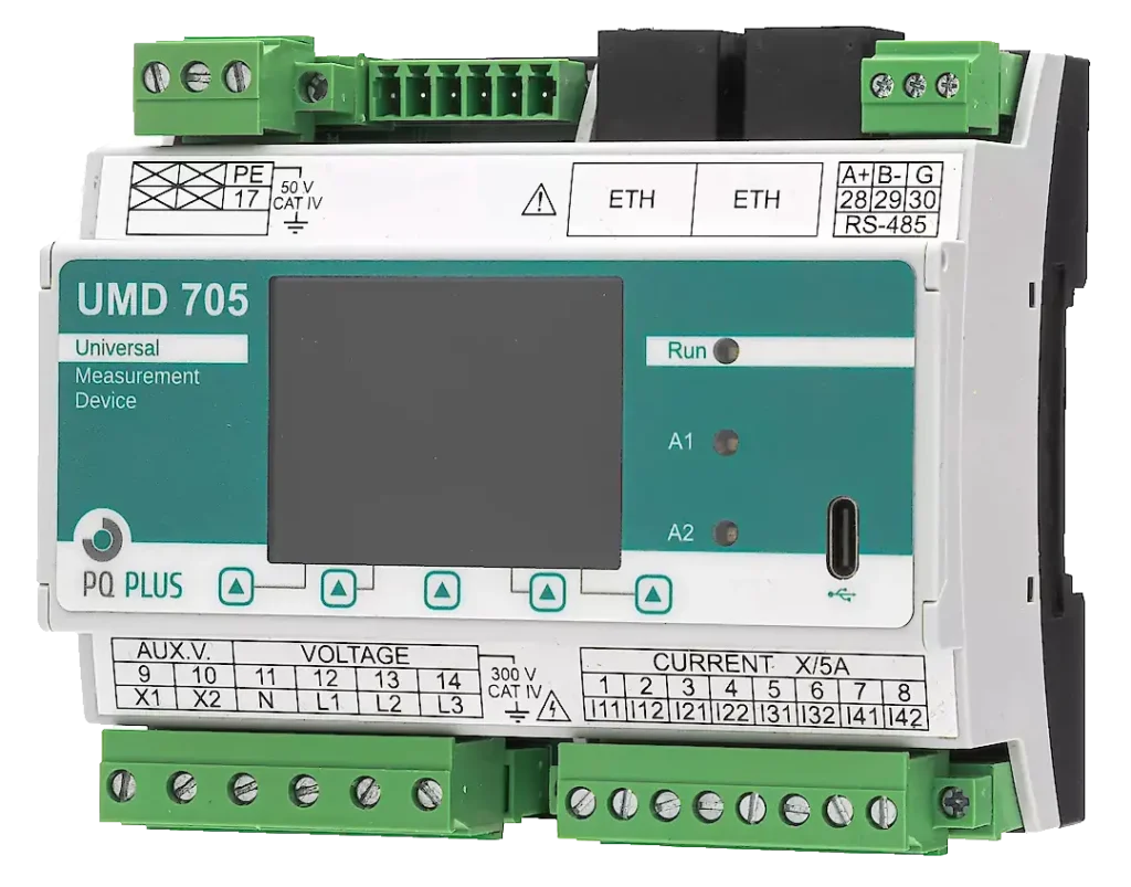 Vorderansicht des kompakten Universal Messgeräts UMD 705 für die DIN-Hutschienenmontage zur digitalen Energiemessung und Überwachung der Netzqualität in Unterverteilungen.