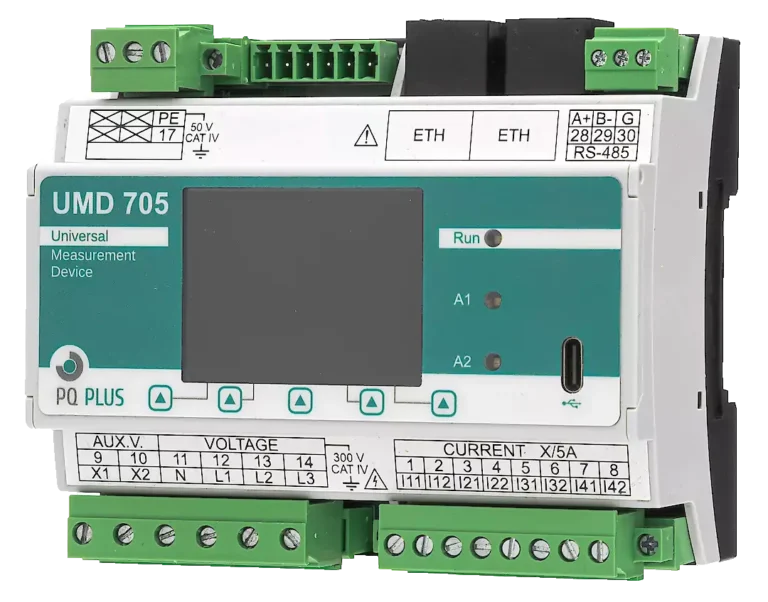 Vorderansicht des kompakten Universal Messgeräts UMD 705 für die DIN-Hutschienenmontage zur digitalen Energiemessung und Überwachung der Netzqualität in Unterverteilungen.