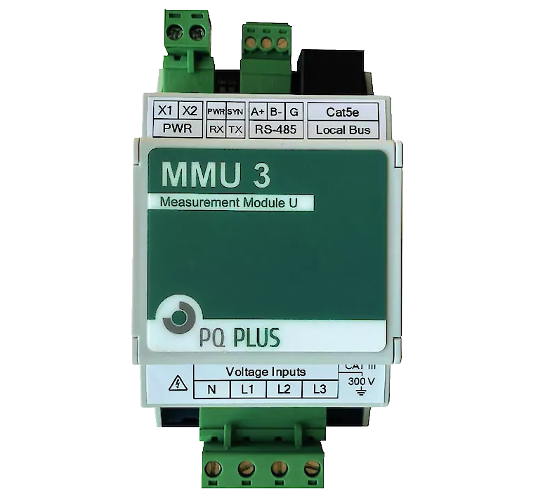 Frontansicht des PQ Plus MMU 3 Spannungsmoduls auf Hutschiene mit Display und Bedienelementen. Messmodule Hutschiene von PQ Plus