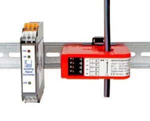 Differenzstrom-Konverter DACT-ISC mit LED-Statusanzeigen für die Hilfsspannungsversorgung sowie zur Kontrolle der Eingangs- und Ausgangssignale.