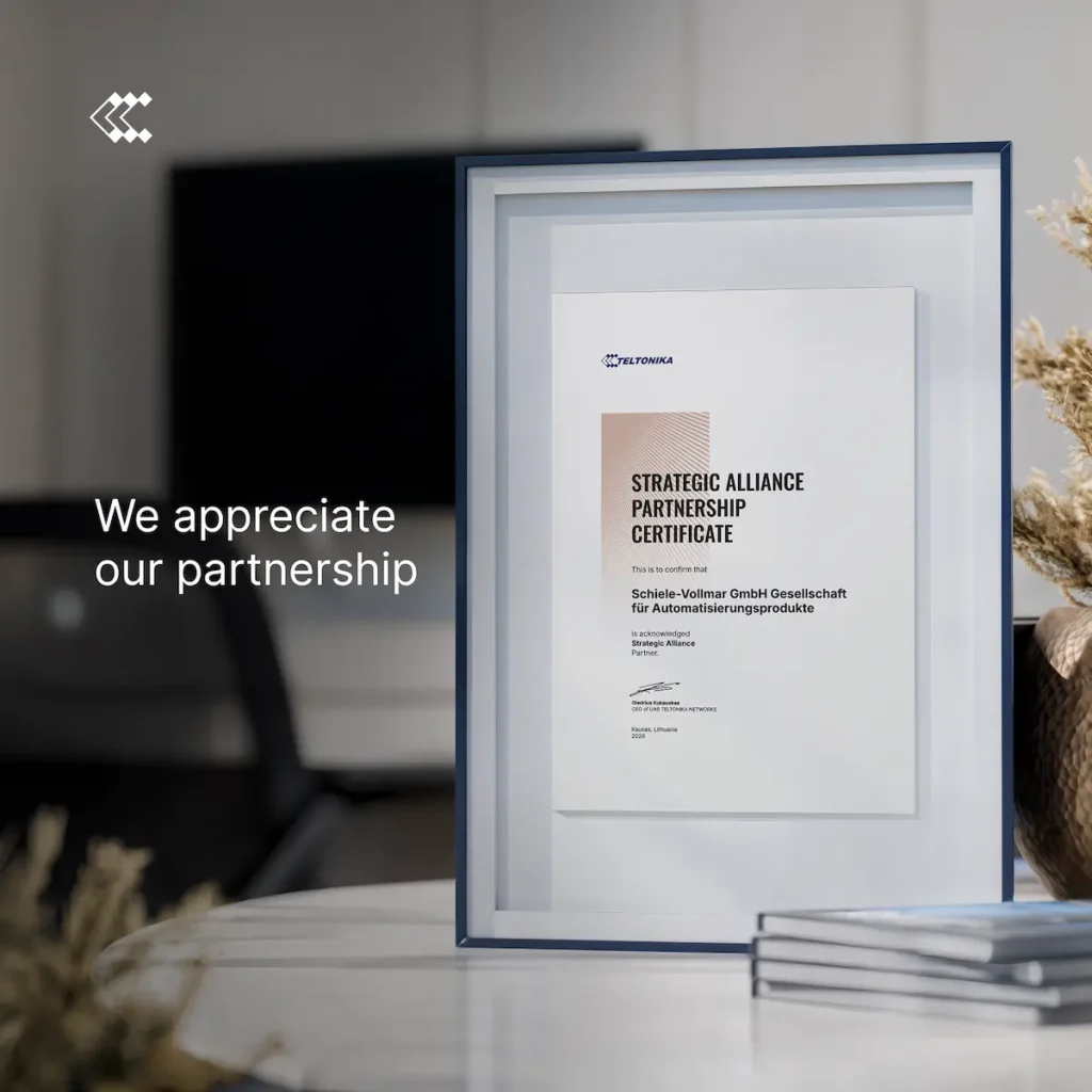 Zertifikat als Teltonika Strategic Alliance Partner, das unsere offizielle und strategische Partnerschaft mit Teltonika Networks bestätigt.
