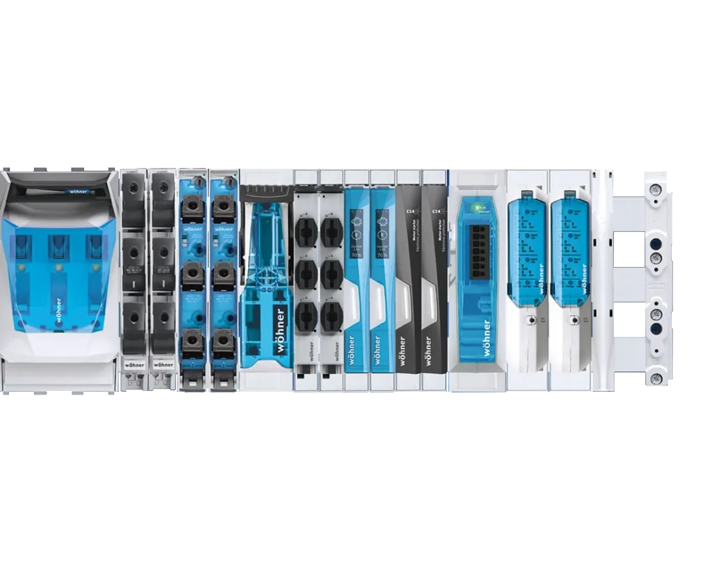 System 60Classic von Wöhner: bestückter 60-mm-Sammelschienenaufbau mit Lasttrennschalter, NH-Sicherungstechnik, Adaptern und Schienenträgern